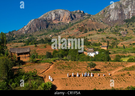 Zentrales Hochland, ehemalige Provinz von Fianarantsoa, Madagaskar, Haute Matsiatra Region, Soatanana Dorf wo der Christ Stockfoto