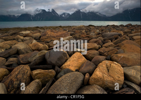 Die Küste des Spåkenes mit Blick auf den Lyngen Alpen Gebirge, Lyngen, Troms, Norwegen, Europa Stockfoto