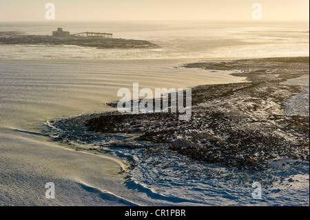 Aerial Eis Muster entlang der Küste der Hudson Bay in der Nähe von Churchill, Manitoba, Kanada. Stockfoto