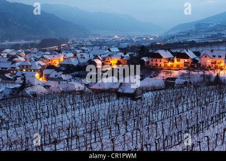 Schneebedeckten Weinberge in der Abenddämmerung, Weissenkirchen in der Wachau, Waldviertel, Wald-Viertel, Niederösterreich, Österreich Stockfoto