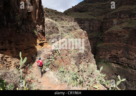 Frau mit einem Rucksack auf einem Wanderweg, Barranco de Guarimiar in der Nähe von Alajero, La Gomera, Kanarische Inseln, Spanien, Europa Stockfoto