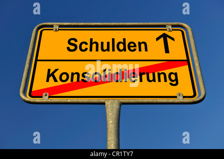 Limit Ortsschild, symbolisches Bild für den Weg von einer Konsolidierung zu Schulden, Deutsch für sein von einer Konsolidierung mit Stockfoto