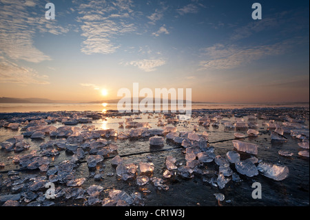 Eisbrocken liegen auf eisigen Oberfläche auf die Ufer der Reichenau Insel am Sonnenuntergang, Baden-Württemberg, Deutschland, Europa Stockfoto