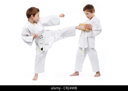 Zwei jungen üben Karate, einer von ihnen hält ein Ziegelstein, ein anderer ein treten Stockfoto