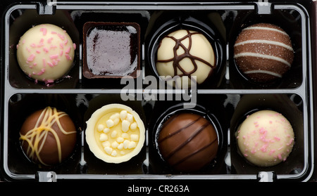 Nahaufnahme von einer Schachtel Pralinen Luxus gedreht im Studio mit einem weißen Hintergrund Stockfoto