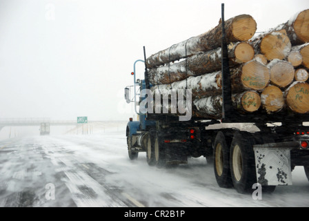 Protokollierung von LKW auf eisglatten Straße während Wintersturm im östlichen Oregon Stockfoto