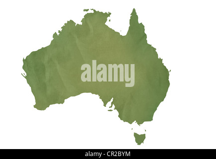 Alte grüne Karte von Australien in strukturierten Grünbuch, isoliert auf weißem Hintergrund. Stockfoto