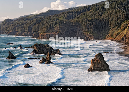 Die Schönheit der Abendlicht taucht die eingehenden Surf und Offshore-Meer-Stacks von Oregons Boardman State Park und Curry County. Stockfoto