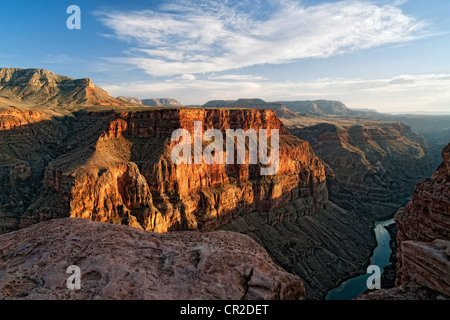 Abendlicht taucht die Wände des Arizonas Grand Canyon National Park von Toroweap mit den Colorado River 3.000 Fuß unter. Stockfoto