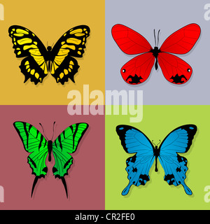 Vier Grunge-Stil-Schmetterlinge in Quadrate. Isoliert und gruppierte Design-Elemente. Stockfoto