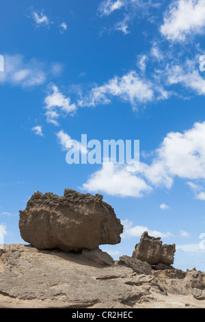 Felsbrocken auf kahlen Felsen und blauer Himmel mit Wolken am Castlepoint, Wairarapa Küste, Wellington, Neuseeland, Ozeanien Stockfoto