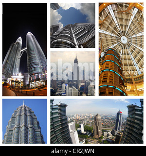 Collage aus 6 Fotos Petronas Twin Towers in Kuala Lumpur. Malaysien Stockfoto