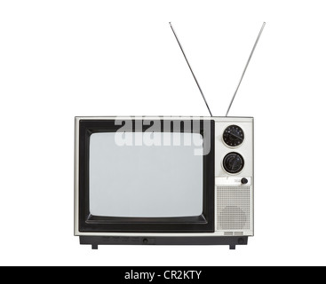 Tragbare Vintage Fernsehen mit Antennen oben. Isoliert auf weiss. Stockfoto