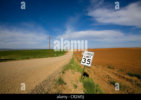 Eine lange, einsame Bauernhof Schotterstraße in western Colorado laufen durch Bohne und Luzerne Felder Stockfoto