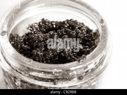 Schwarzer Kaviar im Glas Bank Nahaufnahme Stockfoto