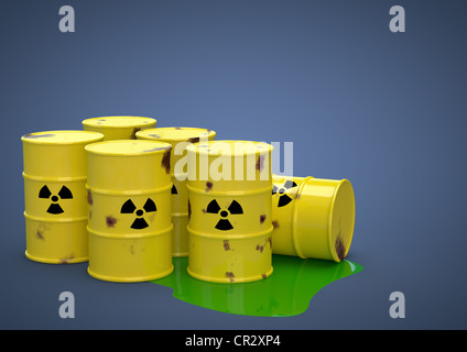 Rostigen Fässern von radioaktivem Atommüll, Endlagerung, Atomkraft, symbolisches Bild, 3D illustration Stockfoto