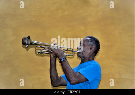 Kubanische Musiker spielt Trompete, Trompeter, Porträt, Trinidad, Kuba, große Antillen, Karibik, Mittelamerika, Amerika Stockfoto