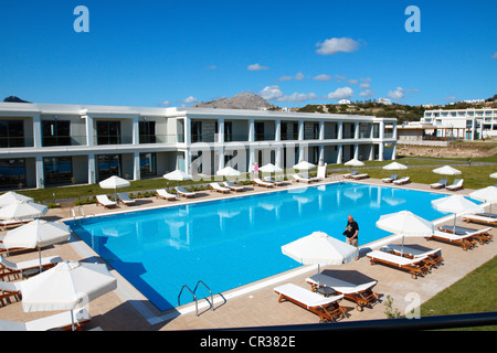 Gesamtansicht der Mark Warner Levante Beach Resort Hotel in Afandou Beach, Rhodos, Griechenland. Stockfoto