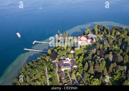 Luftaufnahme, Blumen Insel Mainau mit seinem Schloss und dem Pier, Bodensee, Bezirk Konstanz, Baden-Württemberg Stockfoto