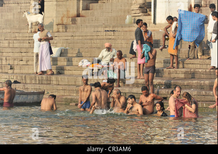 Gläubigen während die rituelle Waschung an den Ufern des Flusses Ganges in Varanasi, Benares, Uttar Pradesh, Indien, Südasien Stockfoto