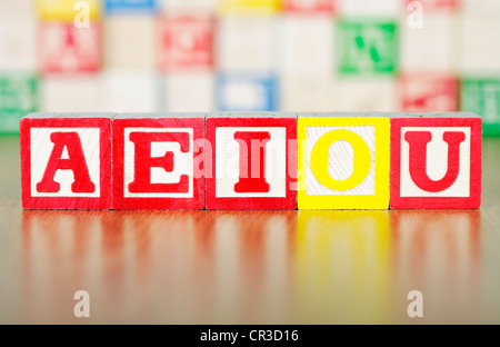 AEIOU ausgeschrieben im Alphabet Bausteine Stockfoto