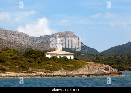 Leuchtturm auf der Insel Alcanada, Mallorca, Balearische Inseln, Spanien, Europa Stockfoto