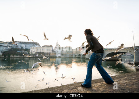 Junge Frau, die Fütterung Möwen auf dem Rhein, hinter der alten Stadt, Basel, Schweiz, Europa Stockfoto