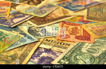 Retro-Banknoten Closeup, Währungen aus aller Welt Stockfoto