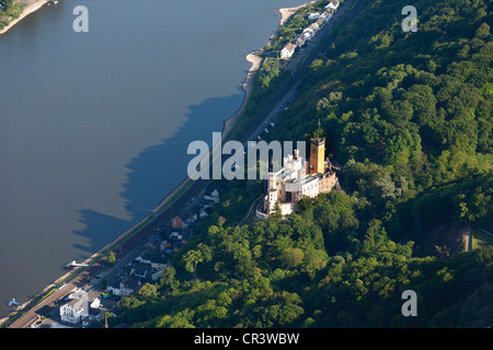 Luftaufnahme, Schloss Stolzenfels Castle, Koblenz am Rhein, gegenüber von Lahnstein, Oberes Mittelrheintal Stockfoto