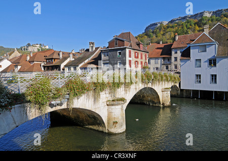 Brücke über den Fluss Loue, geschmückt mit Blumen, Dorf, Ornans, Besancon, Departement Doubs, Franche, Frankreich Stockfoto