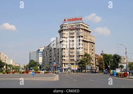 Vodafone Werbung auf ein Gebäude, Piata Victoriei Square, Bukarest, Rumänien, Osteuropa, PublicGround Stockfoto