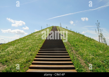 Steile Treppe, die auf einem Haufen am See Phoenixsee auf dem Gelände des ehemaligen Stahlwerks Hermannshuette Phoenix-Ost Stockfoto