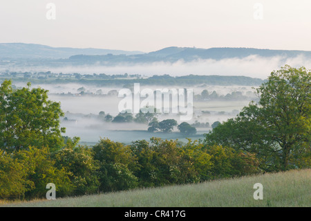 Sonnenaufgang an einem nebligen Morgen über Wotton unter Rand Stockfoto