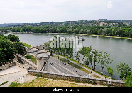 Mit Blick auf die Rhone vom Rocher des Doms, Stadtpark, Berg, Brücke, Avignon, Provence, Südfrankreich, Frankreich Stockfoto