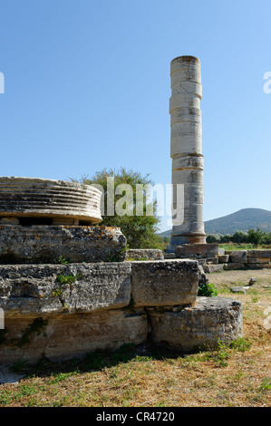 Einzelne Spalte mit der Dipteros, Ausgrabungen des Heraion oder Heiligtum der Göttin Hera, UNESCO-Weltkulturerbe Stockfoto