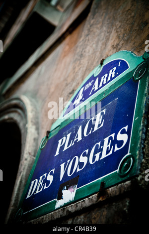 Straßenschild, Place des Vosges quadratisch, Le Marais, Ile de France, Paris, Frankreich Stockfoto