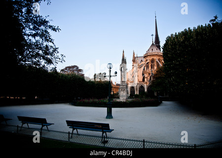 Garten von Le Square Jean XXIII mit Notre Dame Kathedrale an der Rückseite, Île-de-France, Paris, Frankreich Stockfoto