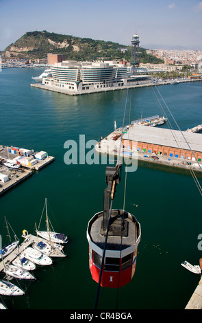 Ansicht des World Trade Center, Port Vell und Montjuic Mt. von der Seilbahn von Barcelona, Katalonien, Spanien, Europa Stockfoto