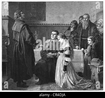 Martin Luther heiratet Katharina von Bora, auf der linken Seite Pfarrer Bugenhagen, auf der rechten Seite Zeuge Dr. Jonas, Abel Stockfoto