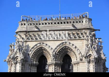 Frankreich, Paris, Ile De La Cite, Touristen auf Kathedrale Notre Dame de Paris suchen einen Panoramablick über Paris Stockfoto