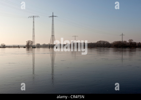 Strommasten in der Elbe-Flut, Ferchland, Sachsen-Anhalt, Deutschland, Europa Stockfoto