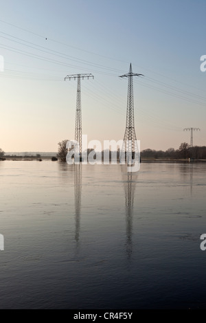 Strommasten in der Elbe-Flut, Ferchland, Sachsen-Anhalt, Deutschland, Europa Stockfoto