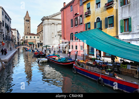 Gemüsehändler auf einem Boot, Kirche San Barnaba hinten, Stadtteil Dorsoduro, Venedig, UNESCO-Weltkulturerbe, Venetien, Italien Stockfoto