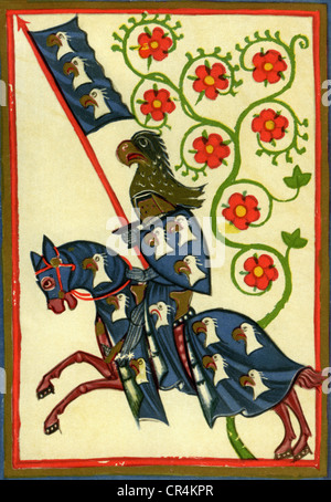 Hartmann von Aue, deutscher Dichter, 13. Jahrhundert, Minnesänger, in der Rüstung zu Pferd, Illustration aus dem Codex Manesse, Anfang des 14. Jahrhunderts, Artist's Urheberrecht nicht gelöscht werden Stockfoto