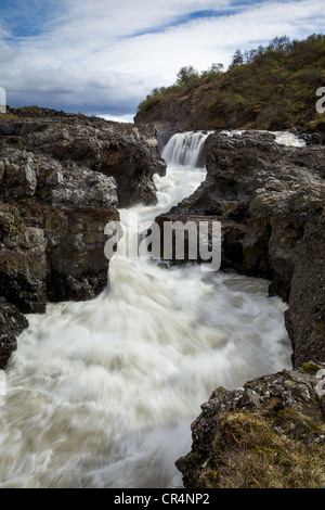 Blick Barnafossar Wasserfall an einem sonnigen Tag, Island, Skandinavien Stockfoto