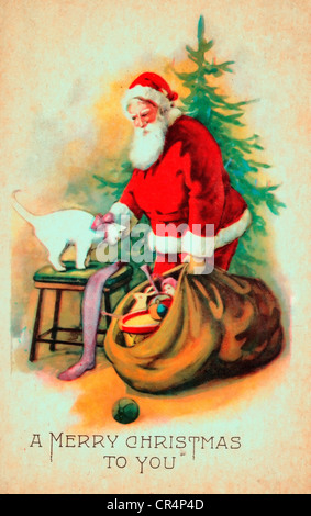 Ein frohes Weihnachtsfest für Sie - Vintage-Karte mit Santa Claus streicheln einer Katze mit Weihnachtsbaum im Hintergrund Stockfoto