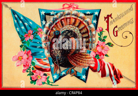 Thanksgiving Grüße - Vintage-Karte mit der Türkei und amerikanische Flagge Stockfoto