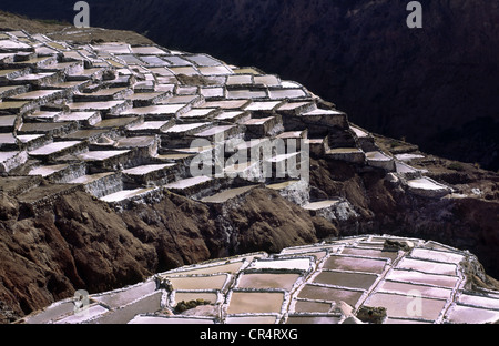 Salinas Salinen. Heiliges Tal, Abteilung von Cuzco, Peru. Stockfoto