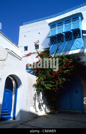 Tunesien, Sidi Bou Said, Lane und weißes Haus Stockfoto