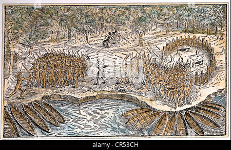 Champlain, Samuel de, ca. 1567 - 25.12.1635, französischer Seefahrer und Entdecker, Gründer von Quebec City, Niederlage von Irokesen bei Ticonderoga, 30.7.1609, farbiger Holzschnitt nach Zeichnung von Champlain, Stockfoto